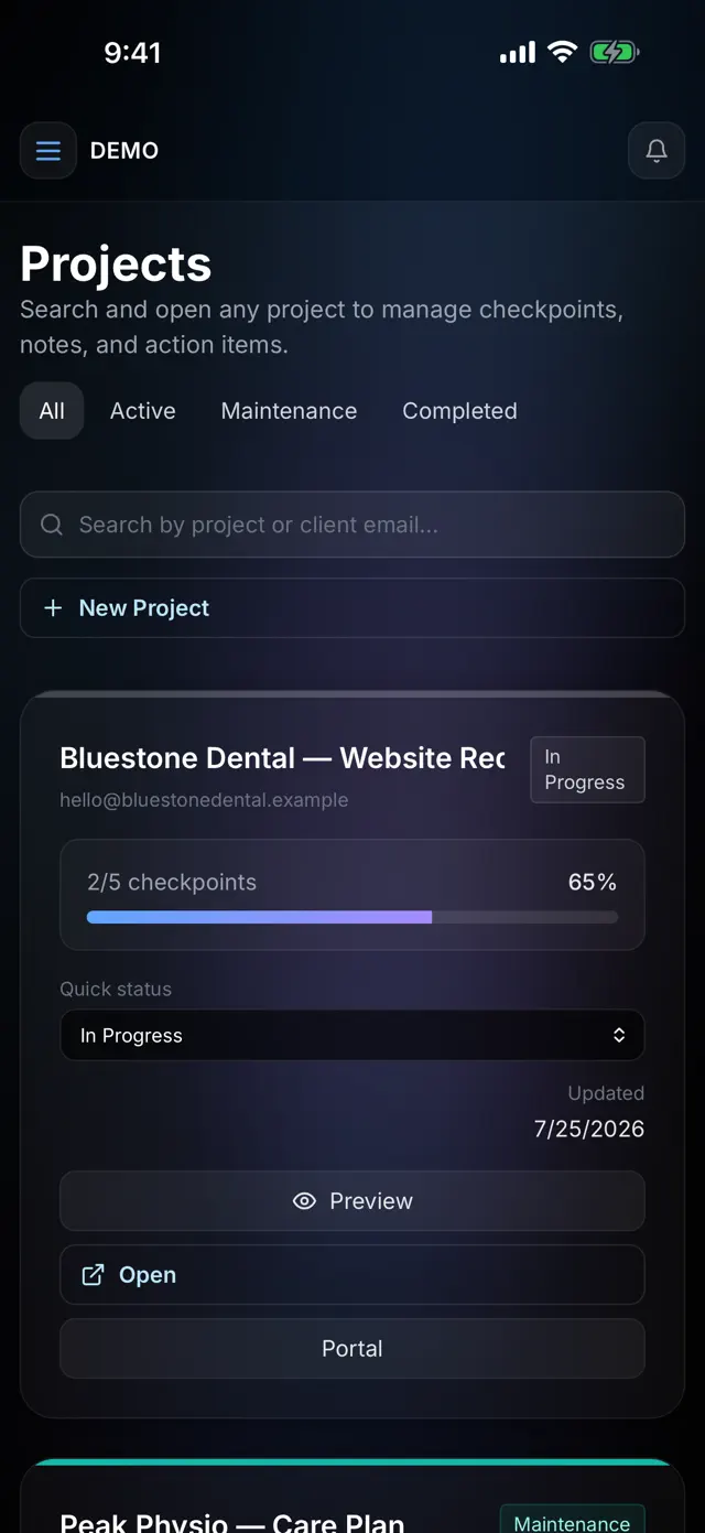 Projects screen of the ZYAN AI iPhone app