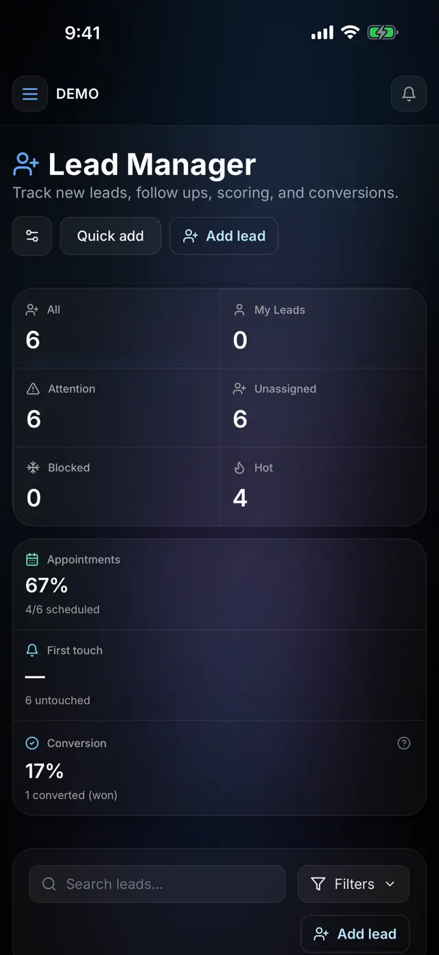 Leads screen of the ZYAN AI iPhone app