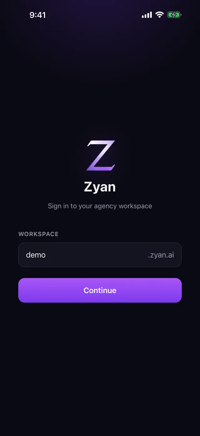 Workspaces screen of the ZYAN AI iPhone app