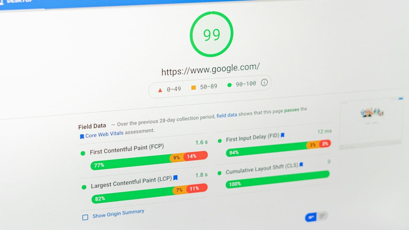 A PageSpeed Insights report on a screen showing a performance score of 99 and real-user field data for FCP, FID, LCP and CLS