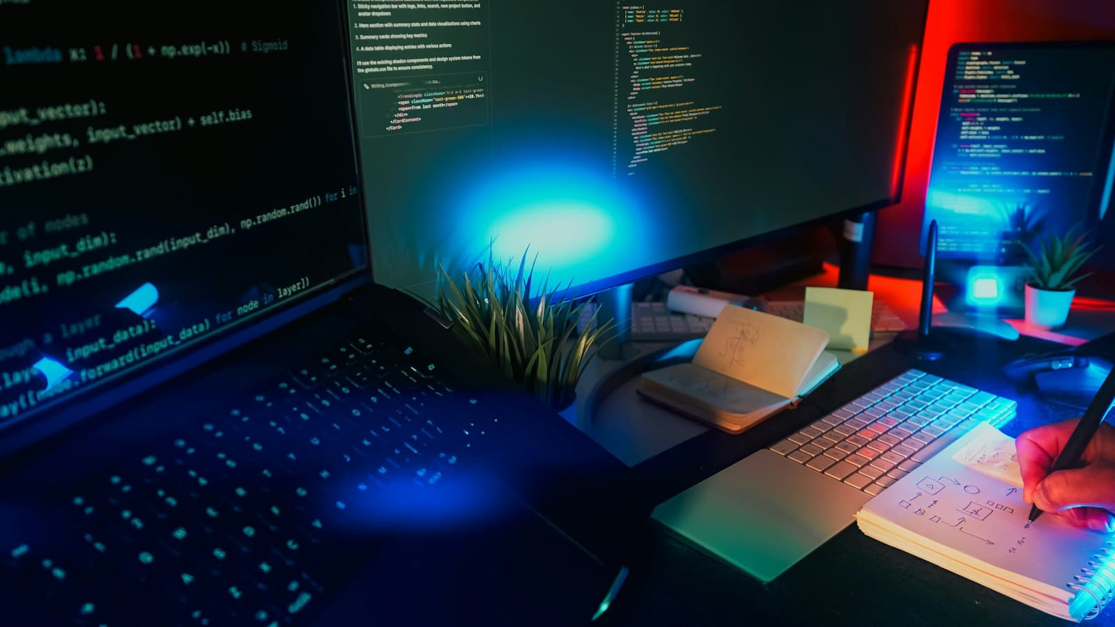 A developer workstation at night, two screens of code lit by blue and red ambient light