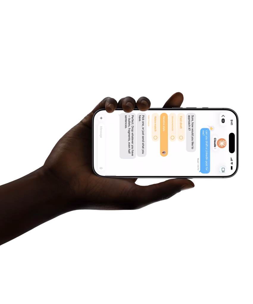 A hand holding an iPhone with an agent answering in an iMessage thread