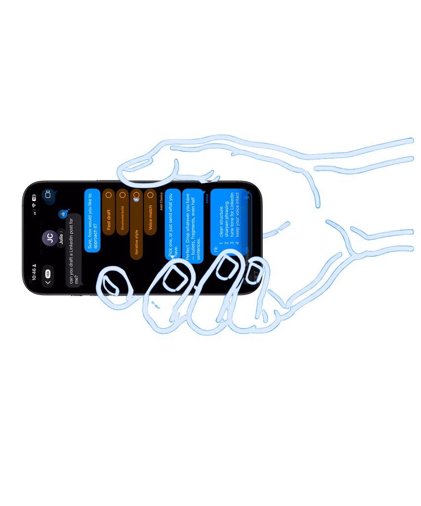 An illustrated hand holding an iMessage conversation