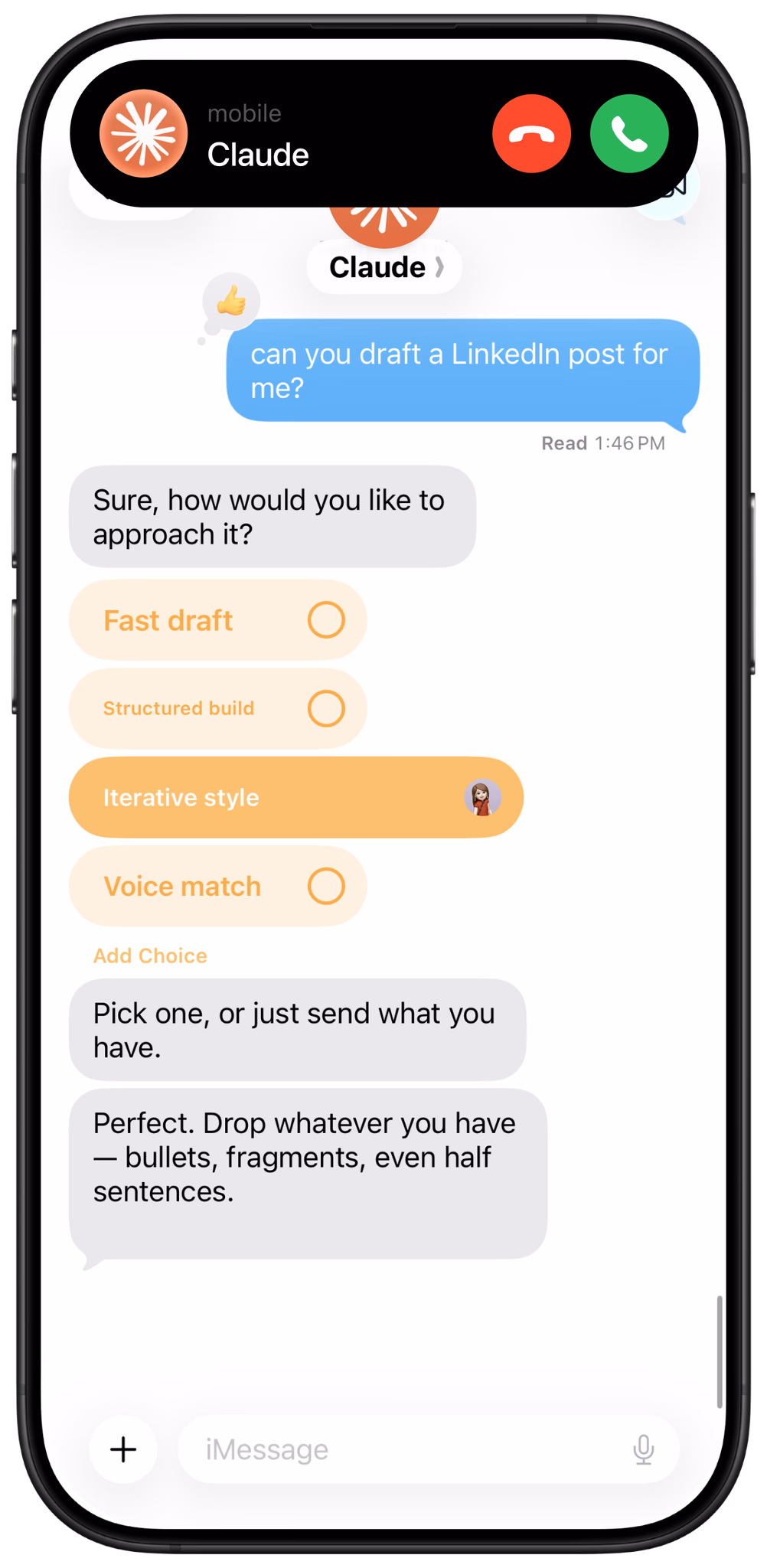 An incoming agent call above an iMessage conversation